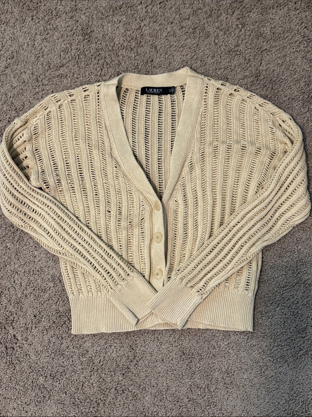 Lauren Ralph Lauren Cream Open-Weave V-Neck Cardigan